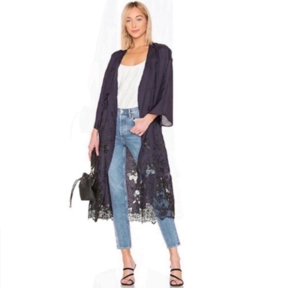 Lovers + Friends MADEA KIMONO Navy Blue Embroidered Lace Size Small $328 NEW.